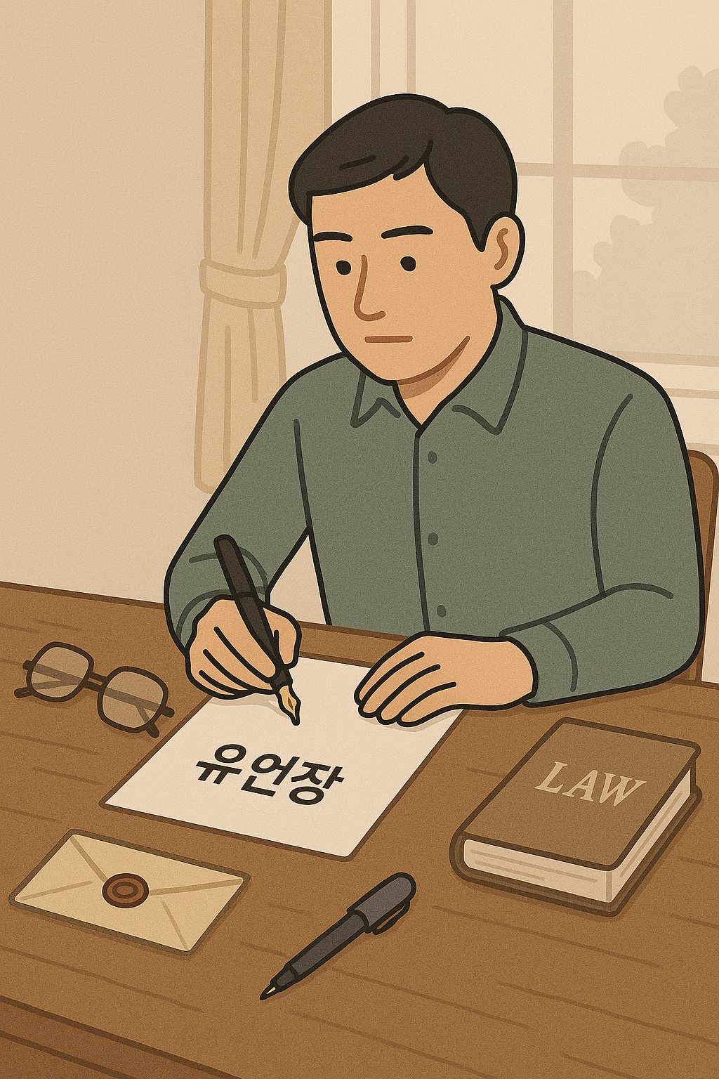 조용한 공간에서 유언장을 직접 작성 중인 중년 성인의 책상 위 장면