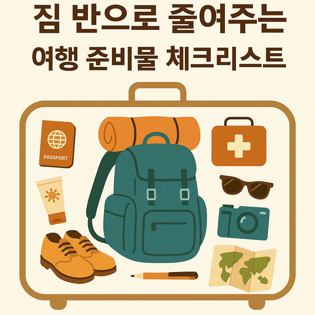 여행 준비물 체크리스트를 주제로 한 일러스트 이미지로, 캐리어&middot;옷&middot;전자기기&middot;세면도구 등이 귀여운 아이콘 형태로 배치된 디자인. &lsquo;짐 반으로 줄이는 여행 준비물 체크리스트&rsquo;라는 내용을 시각적으로 표현한 밝고 심플한 그래픽 썸네일.