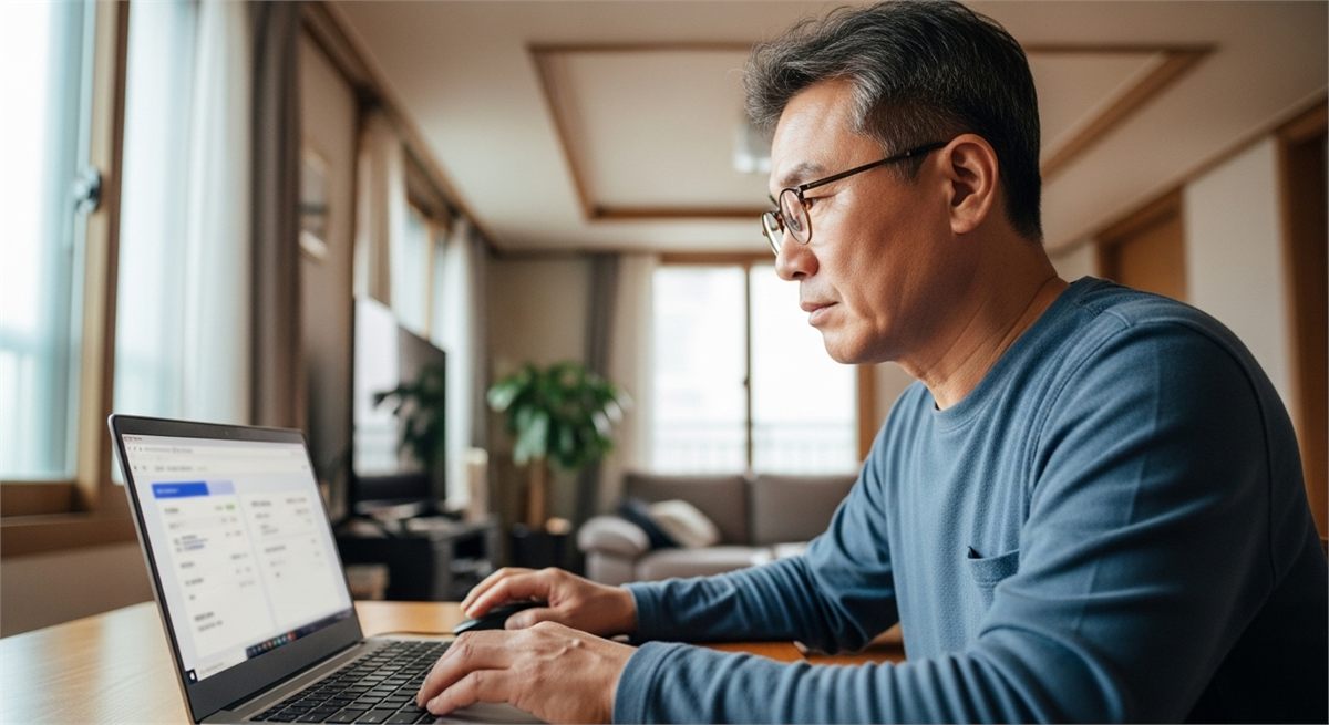 국민연금 정보를 확인하는 중년층의 실내 모습