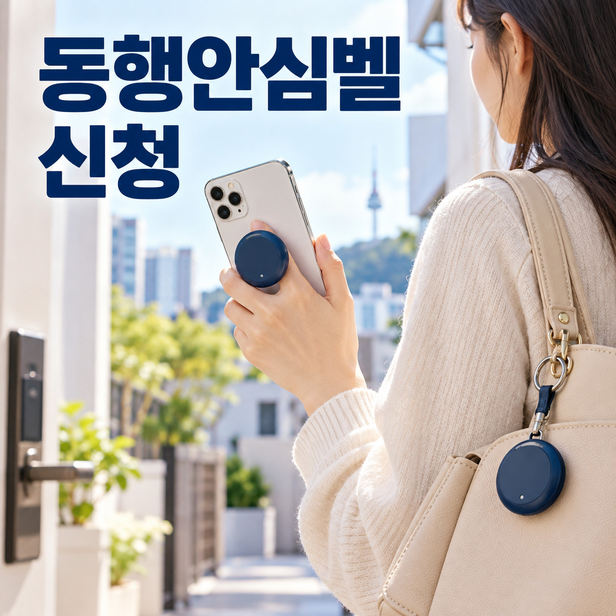 휴대전화 뒷면의 원형 안전벨과 가방의 키링형 안전벨을 함께 휴대한 여성