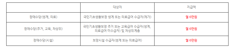 장애수당선정기준 및 지급액