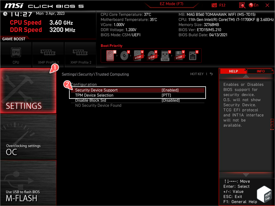 MSI BIOS > Settings > Security > Trusted Computing > Security Device Support > Enabled 적용
