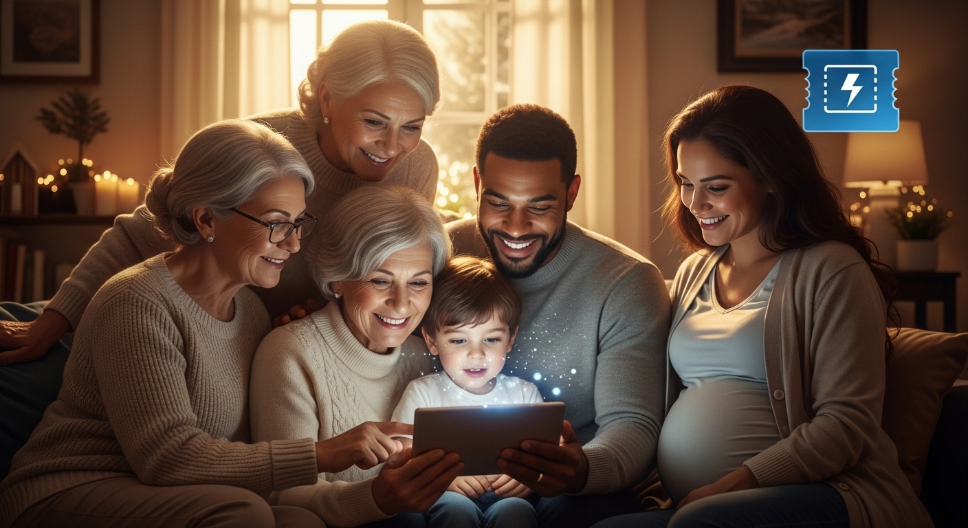 따뜻한 거실에서 태블릿을 보며 미소 짓는 다양한 연령대의 가족. 에너지바우처 신청으로 겨울 난방비 걱정을 덜고 따뜻한 시간을 보내는 모습을 표현.