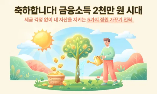 금융소득종합과세 절세 전략을 정원 가꾸기에 비유한 대표 이미지. 한 남성이 금화가 열리는 나무에 물을 주고 있으며 나무 아래 바구니에 금화가 쌓여 있다. 상단에 축하합니다 금융소득 2천만 원 시대라는 문구와 세금 걱정 없이 내 자산을 지키는 5가지 정원 가꾸기 전략이라는 부제가 적혀 있다. 이 이미지는 금융소득이 2천만 원을 초과할 때 ISA와 연금계좌 등 5가지 절세 방법으로 자산을 지킬 수 있다는 블로그 핵심 메시지를 시각적으로 전달한다