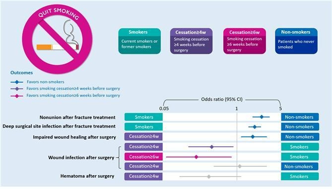 이 이미지는 금연 전후의 환자들에서 발생할 수 있는 합병증을 보여줍니다. 담배를 피우는 환자들은 비흡연자들보다 더 많은 합병증을 경험할 확률이 높다는 것을 알 수 있어요.
