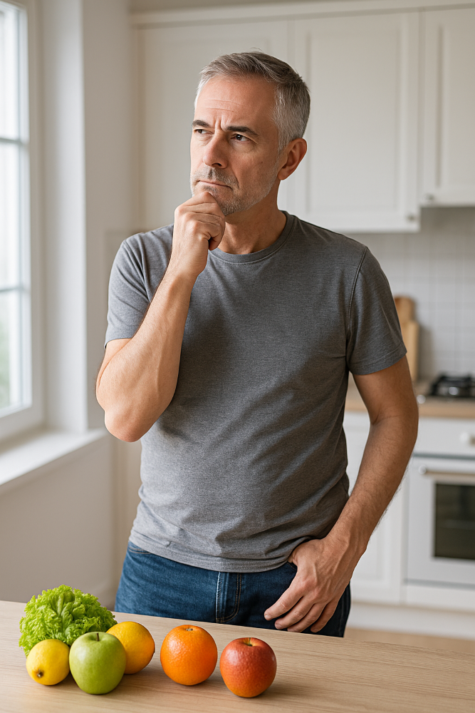 과일이 놓인 식탁앞에 서있는 중년남성