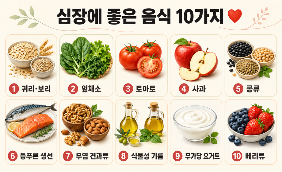심장에 좋은 음식 10가지 이미지, 귀리 보리 잎채소 토마토 사과 콩류 등푸른 생선 무염 견과류 식물성 기름 무가당 요거트 베리류 심혈관 건강 식단 이미지