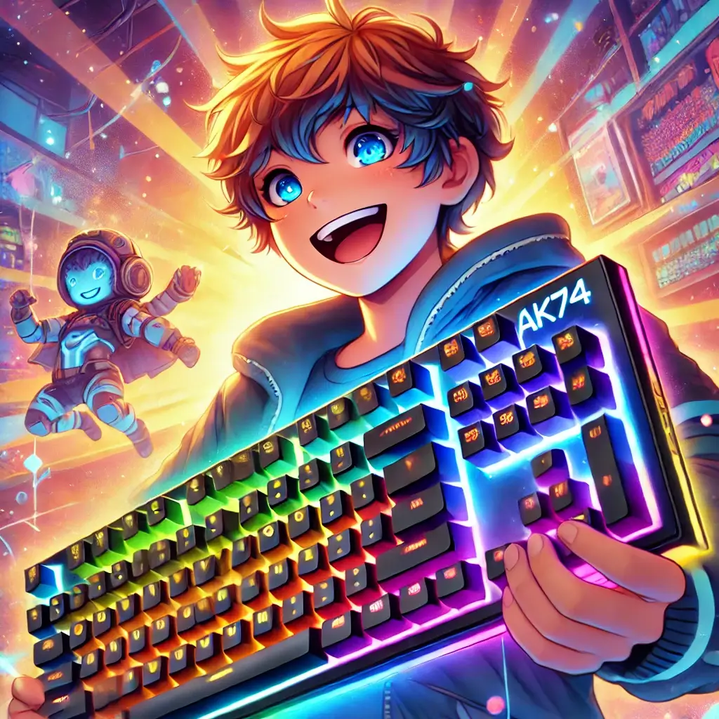 RGB 조명이 있는 Archon AK74 키보드를 들고 활짝 웃는 소년 일러스트