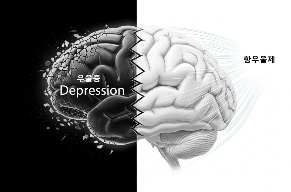 우울증 치료(항우울제)가 인지 기능을 보호하고 뇌 건강을 개선하는 개념을 나타내는 추상적인 이미지.