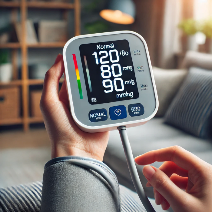 가정에서 디지털 혈압계를 사용하여 혈압을 측정하는 모습&amp;#44; 정상 혈압(120/80)과 고혈압(140/90) 수치 표시.