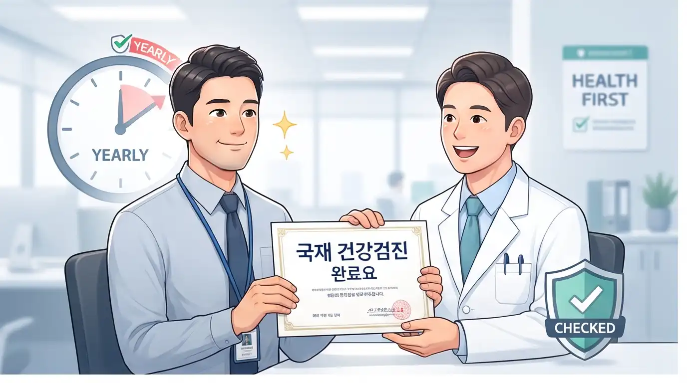 국가 건강검진 완료 증서를 들고 의사와 함께 미소 짓는 남성 직장인