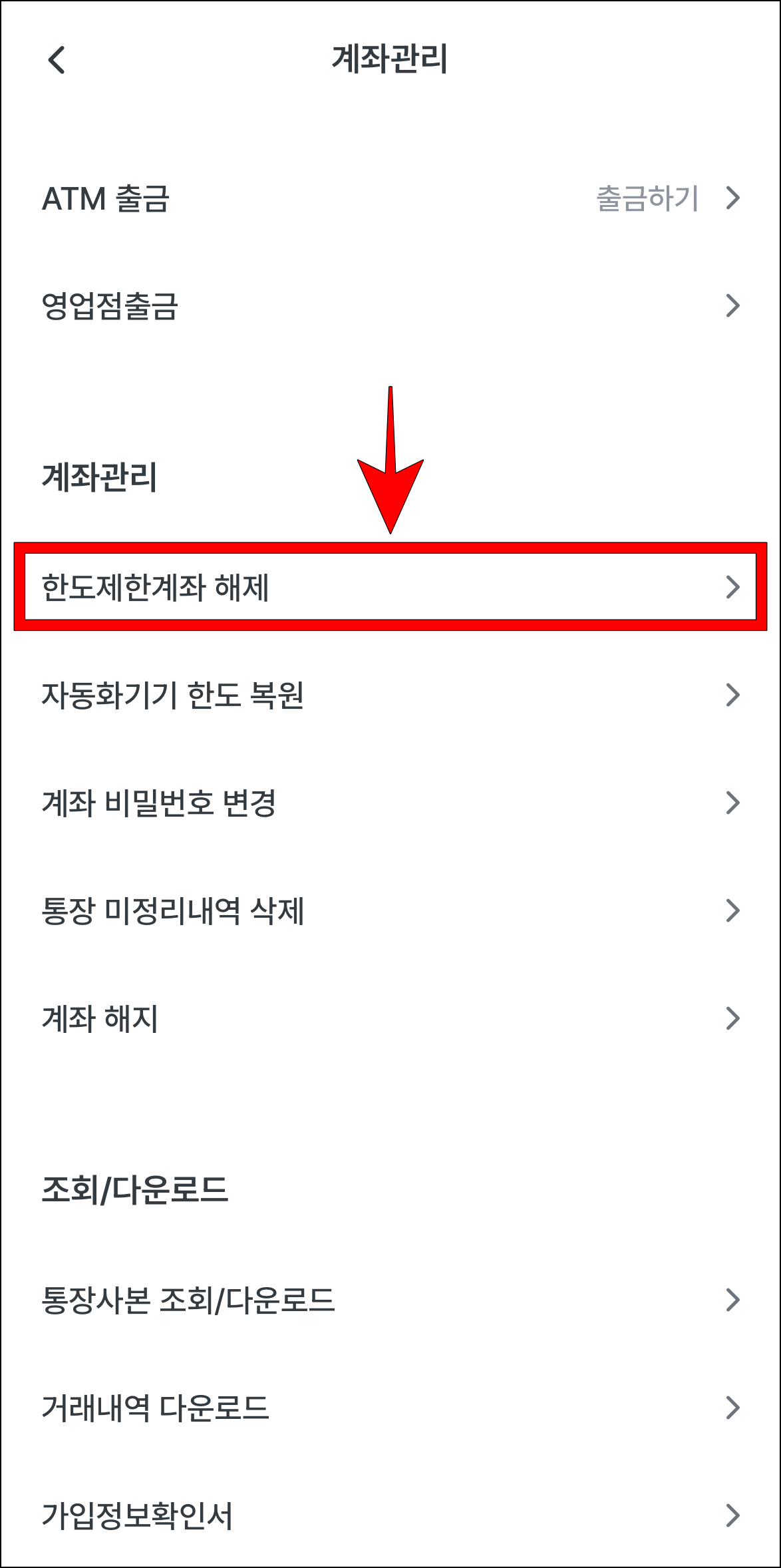 계좌관리에서 '한도제한계좌 해제'를 선택