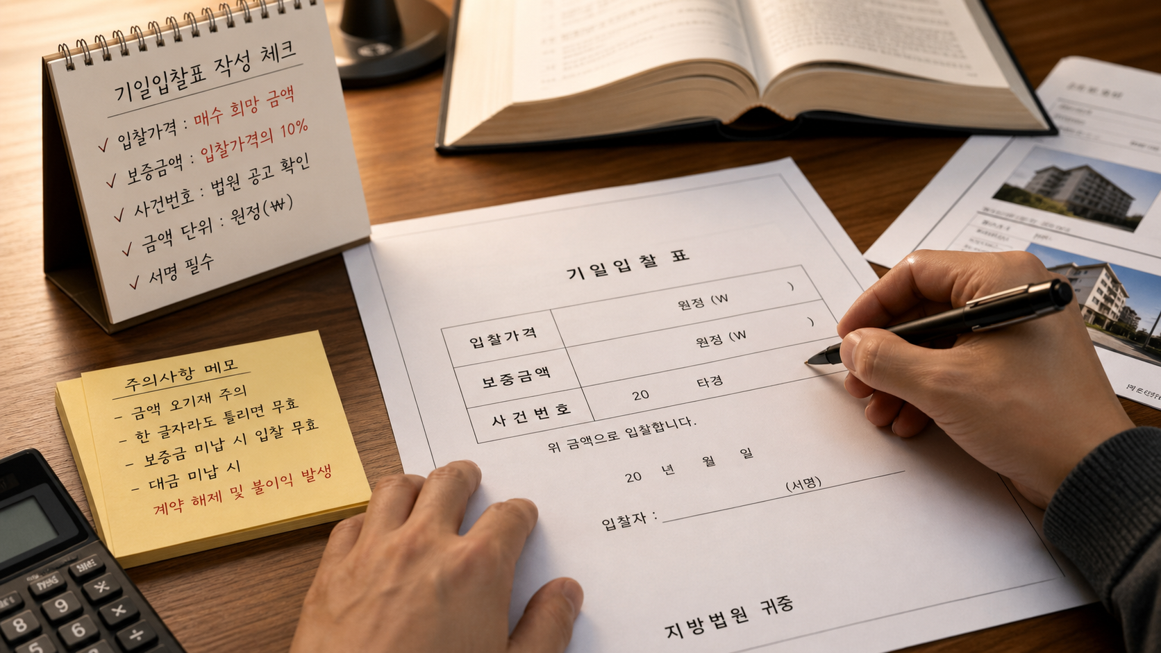 입찰가격와 보증금액를 법원 서류에서 확인하는 모습