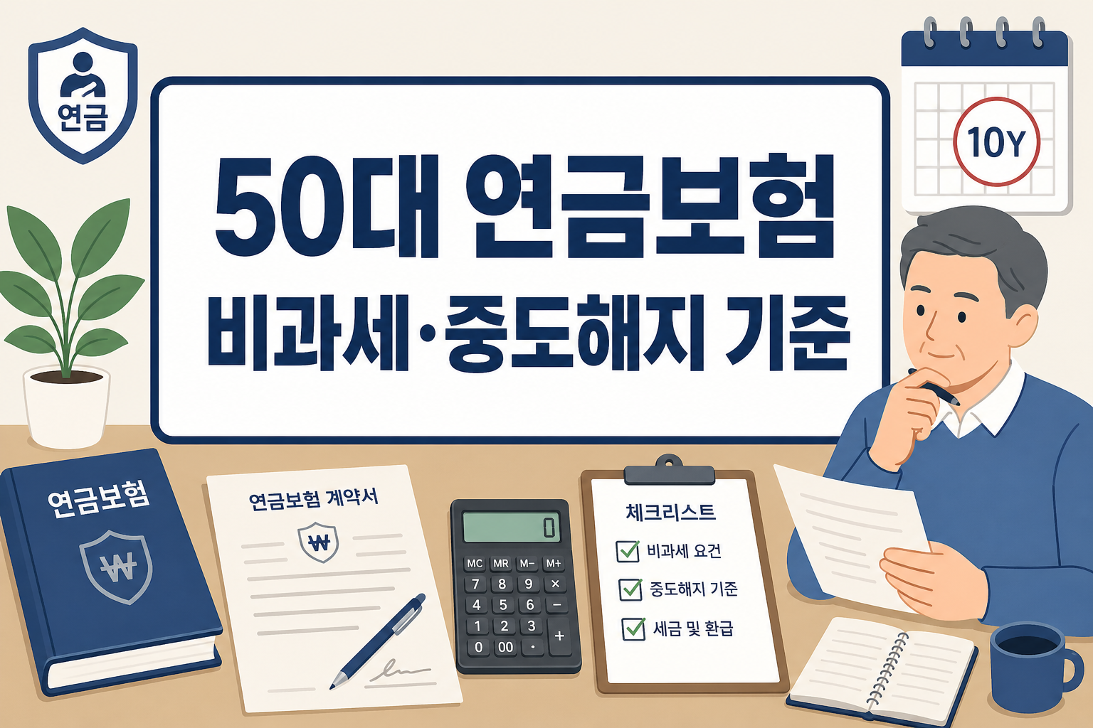 50대 연금보험 가입 전 비과세와 중도해지 확인 기준을 한눈에 정리한 썸네일 이미지로 가입 전 핵심 체크 포인트를 빠르게 파악하도록 돕는 화면