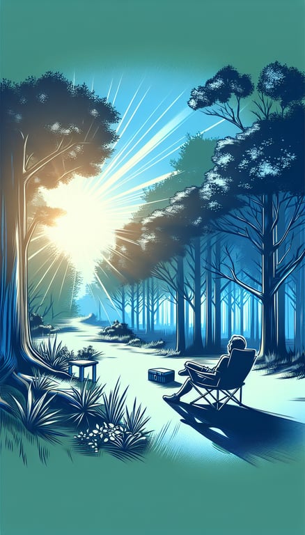 숲속에서 캠핑용 의자를 설치하고 휴식을 취하고 있는 사람의 모습을 표현한 사진