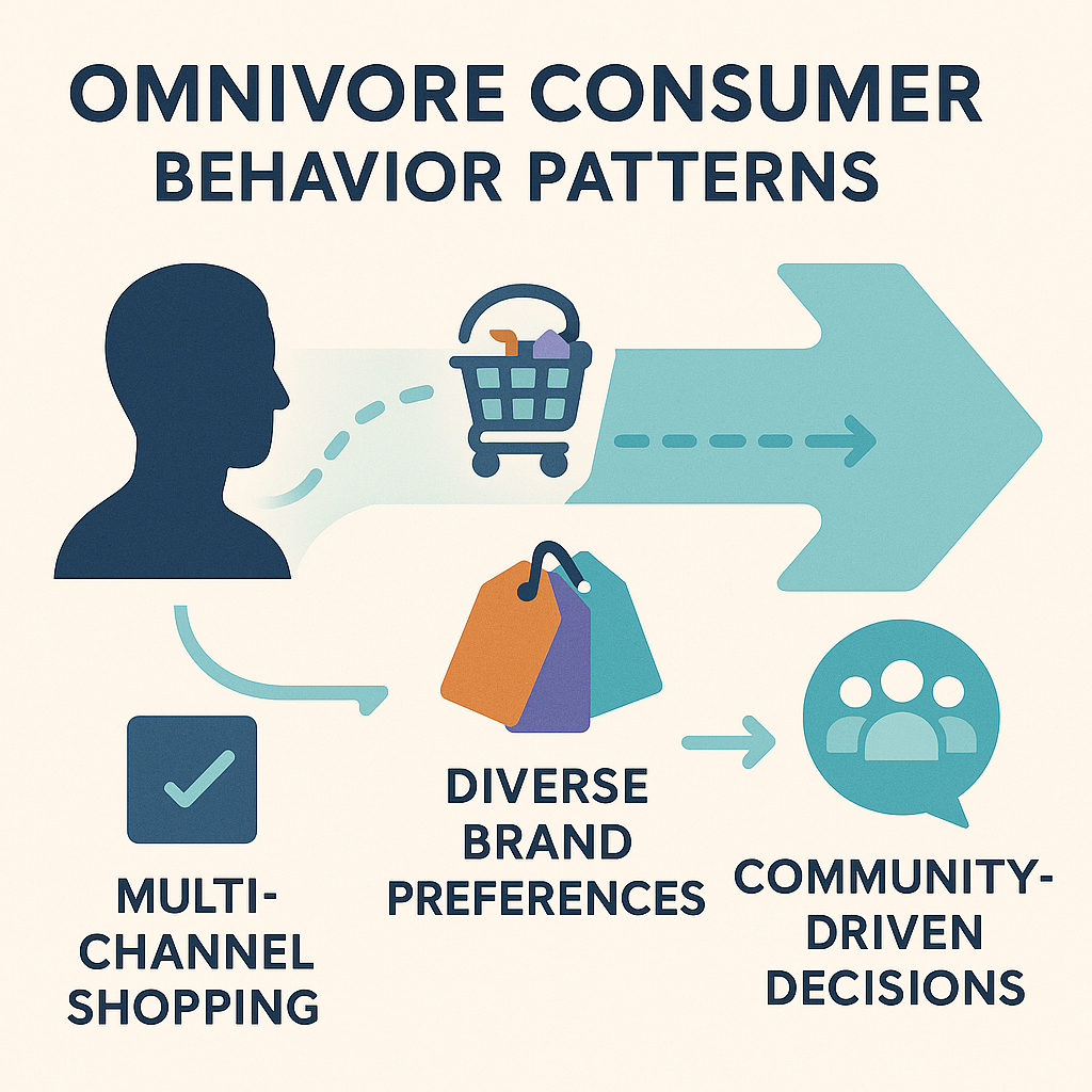 옴니보어 소비자의 특징적인 행동 패턴과 구매 여정을 설명하는 인포그래픽