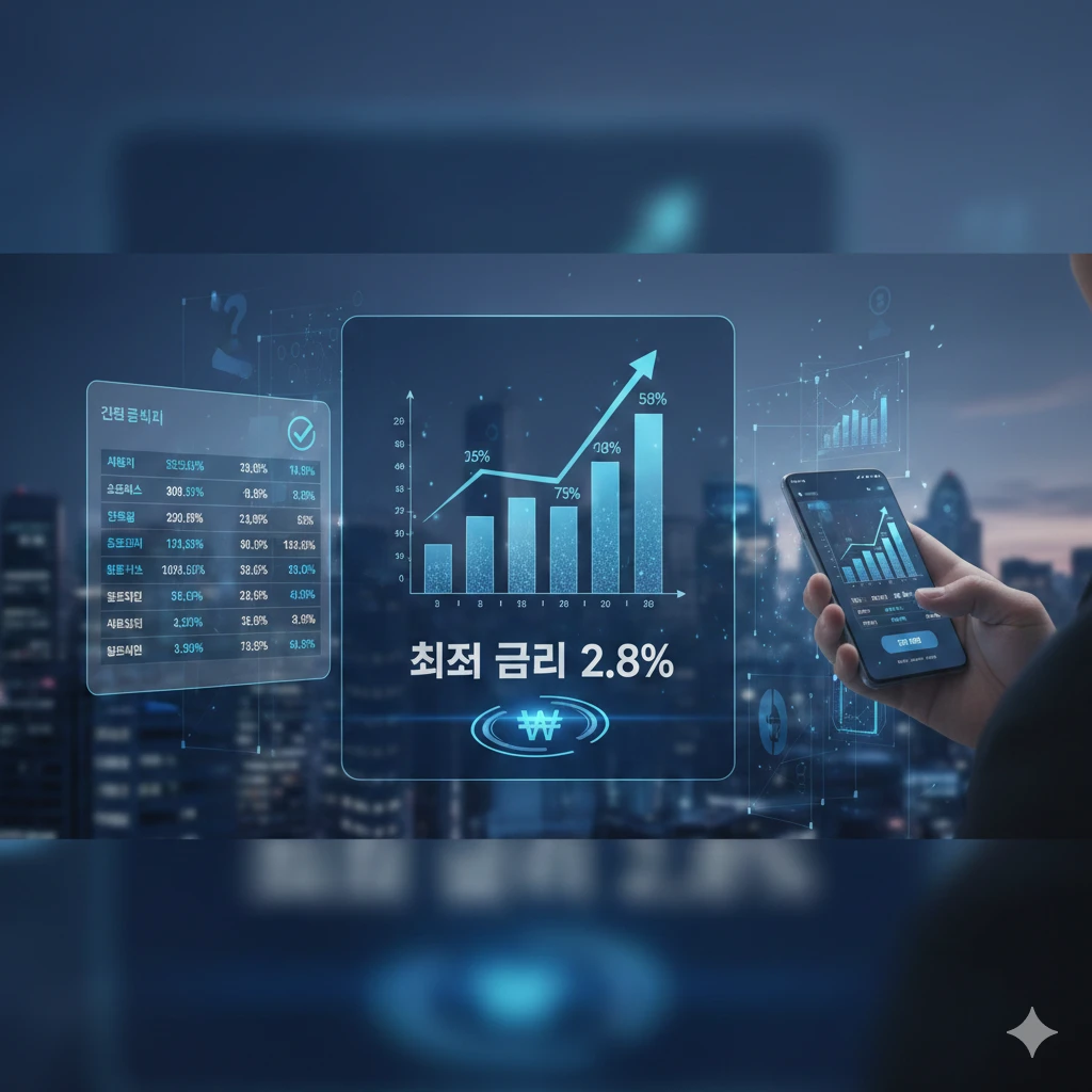 2025년 12월 신용대출 금리 비교 차트와 디지털 금융 인터페이스. 최저 4%대 금리를 나타내는 그래픽 요소와 케이뱅크, 토스뱅크 로고가 은은하게 배경에 배치되어 있다.