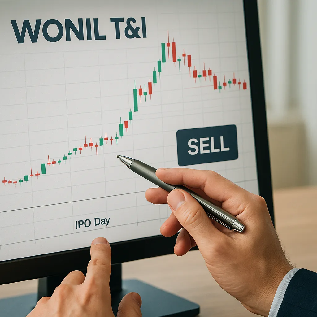 상장일 주가 차트를 보며 매도 타이밍을 계산하는 투자자의 손