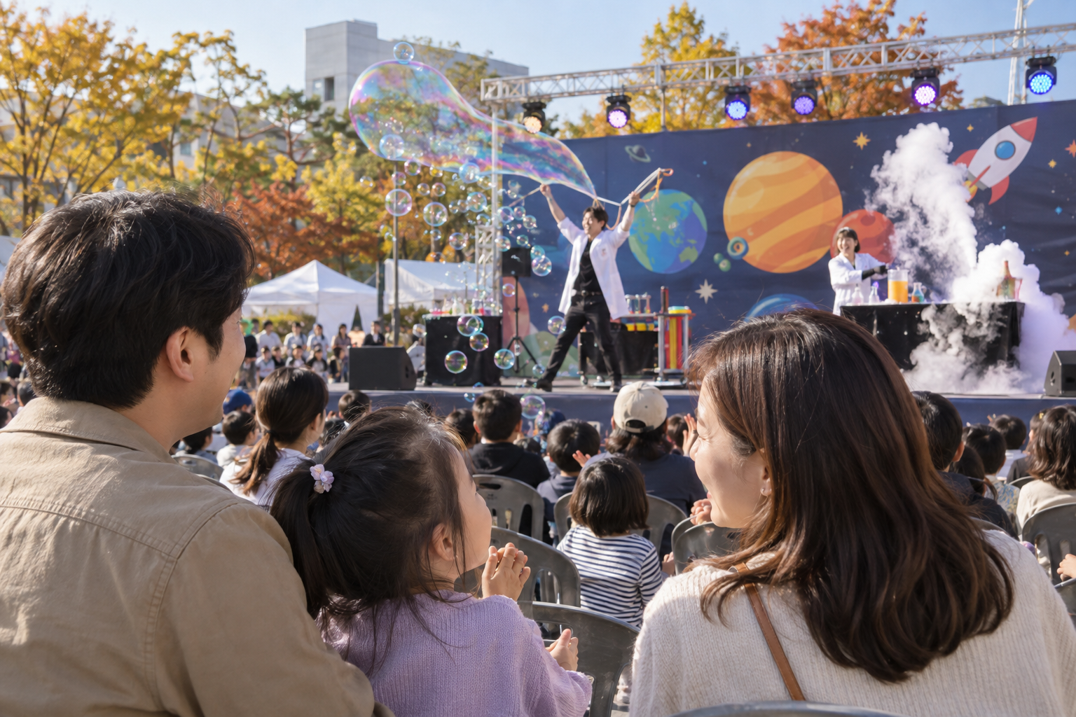 가족 관람객이 야외 과학 마술과 버블 공연을 보는 모습