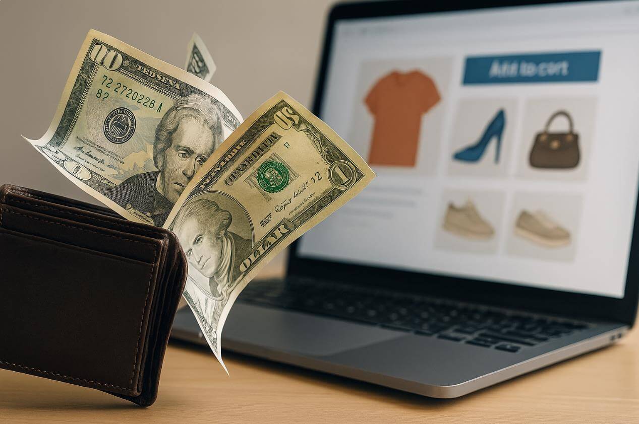 쇼핑으로 지갑에서 돈이 빠져나가는 상징적 이미지