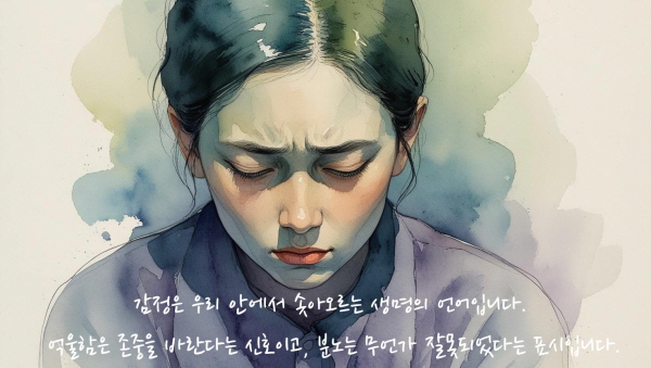 감정은 우리 내면에서 피어나는 생명의 언어입니다.
억울함은 존중받고 싶다는 메시지고, 분노는 무언가 잘못되었다는 표식입니다에 관한 그림