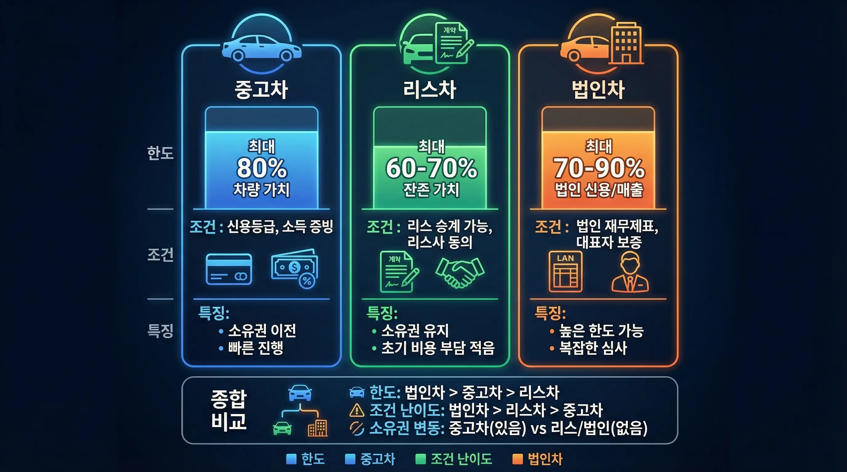 중고차, 리스차, 법인차 등 다양한 차량 담보 대출의 한도와 조건을 비교하는 인포그래픽