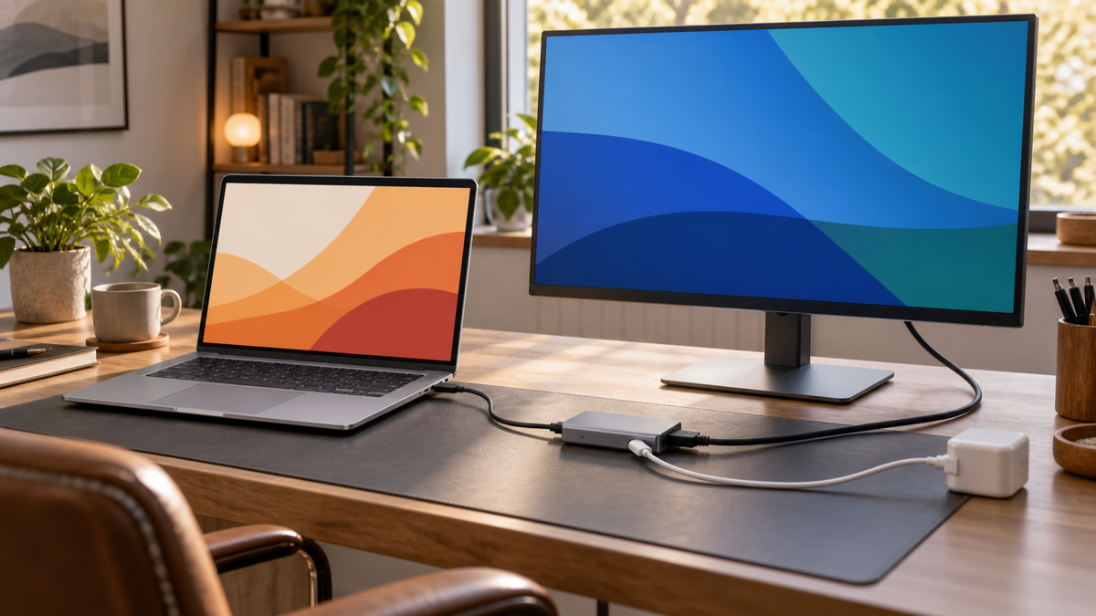 노트북과 4K 모니터가 USB-C 허브와 HDMI 케이블로 연결된 홈오피스