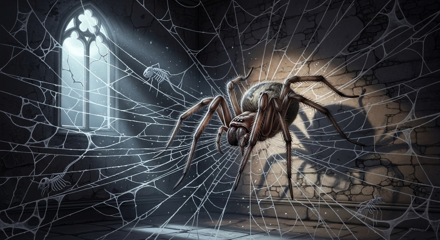 어두운 성 구석에서 복잡한 거미줄을 치는 거미의 고딕 스타일 일러스트.