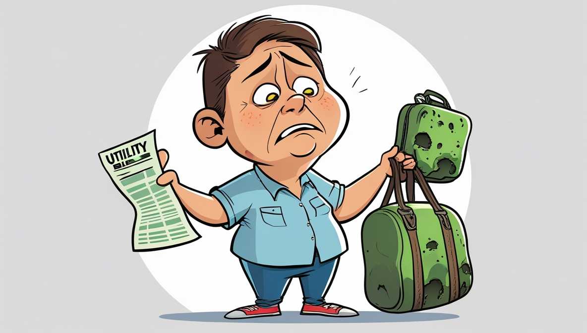 한 손에는 고지서를, 다른 손에는 곰팡이가 핀 가방을 들고 울상인 사람의 캐리커처 이미지