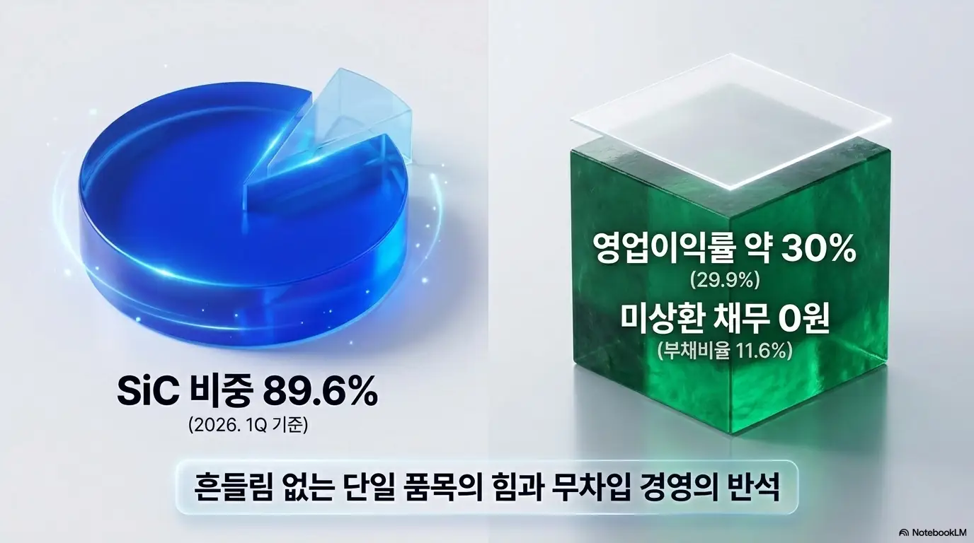 티씨케이 주가 전망: 티씨케이의 SiC 비중이 2026년 1분기 89.6%에 달하고 영업이익률 약 30%&amp;#44; 미상환 채무 0원의 무차입 경영임을 보여주는 이미지. 단일 품목의 힘과 재무 안정성이라는 반석을 시각화하며&amp;#44; 블로그의 티씨케이 주가 전망 주제와 관련된 내용을 설명함