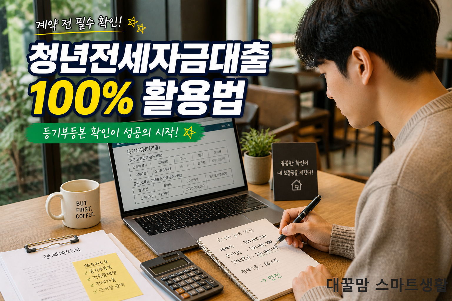 카페에서 노트북으로 등기부등본을 확이하며 근저당 금액을 계산하는 모습