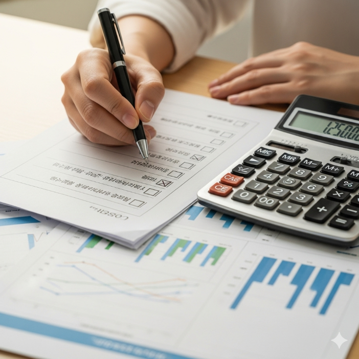 체크리스트가 적힌 종이를 펜으로 꼼꼼하게 확인하는 사람의 손. 그 옆에 계산기와 금융 그래프들이 놓여있어 신중한 투자 결정을 나타낸다