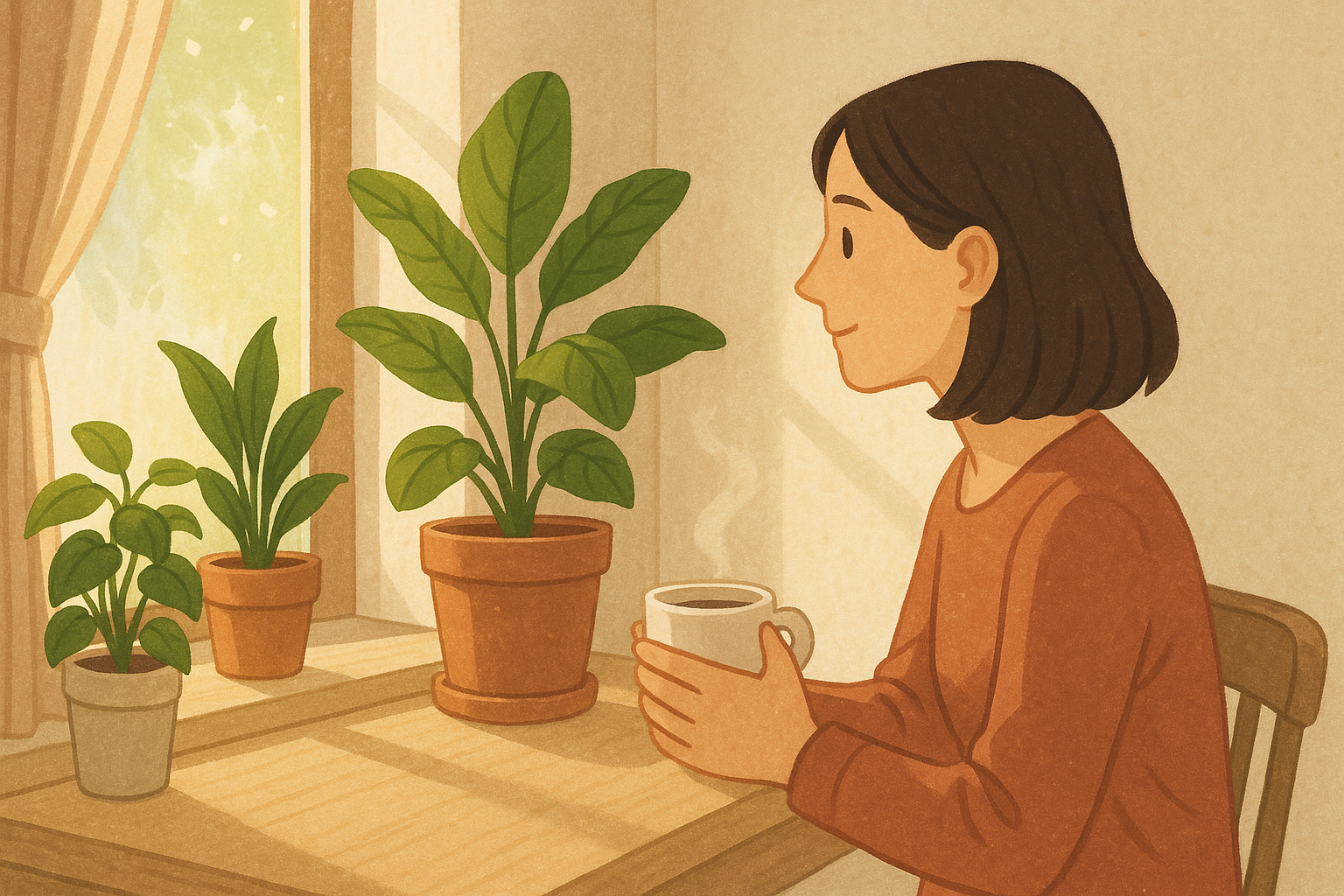 창가에서 식물을 바라보며 휴식하는 사람을 통해 심리적 정화 효과를 표현한 감성 일러스트