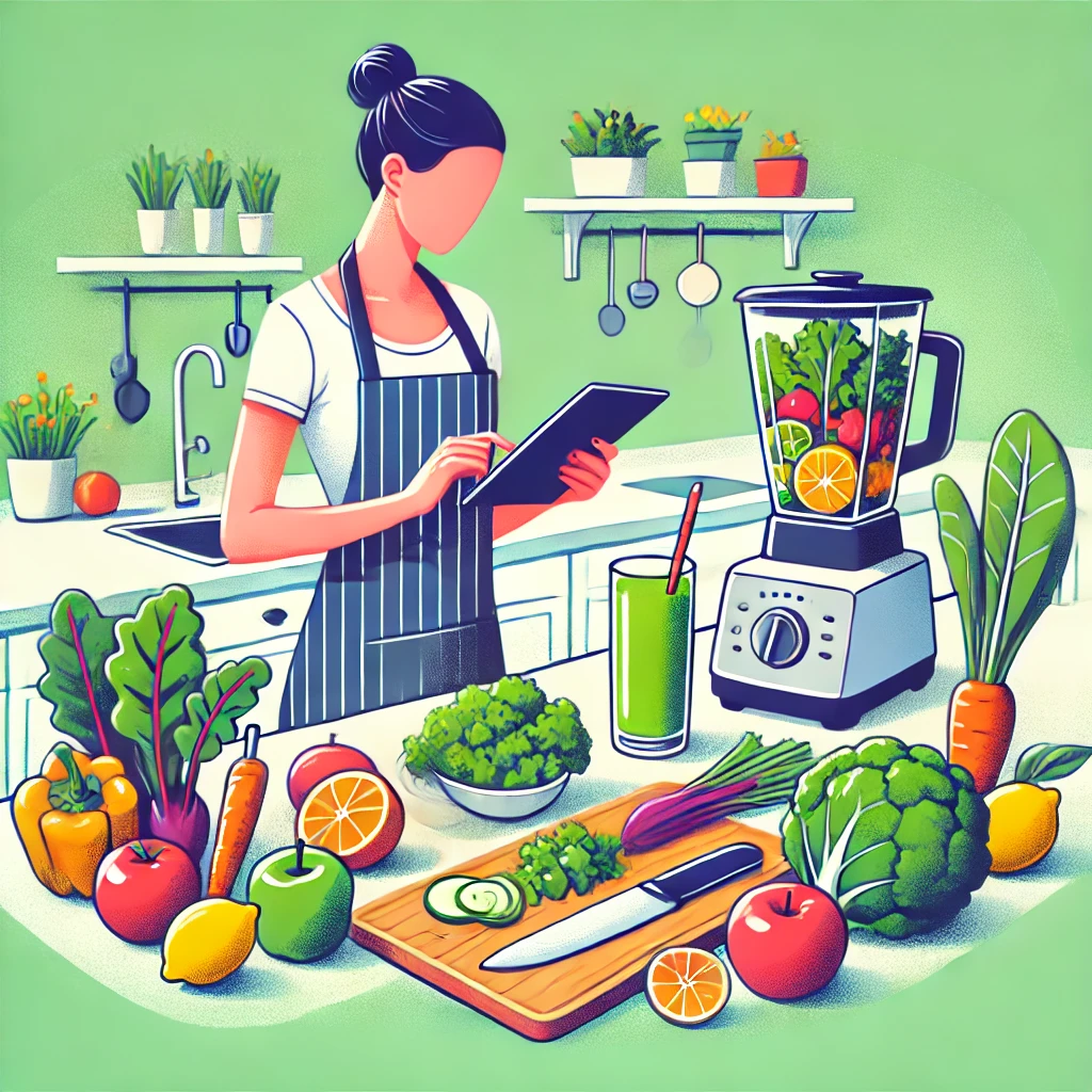 채소와 과일을 올려둔 주방을 배경으로 레시피를 살펴보는 여성 주방