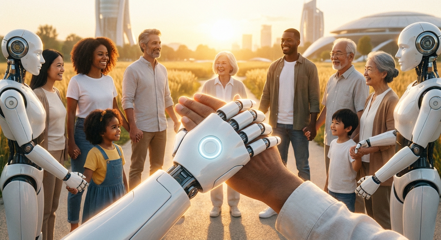 다양한 배경을 가진 인간과 AI 로봇이 손을 맞잡고 협력하며 윤리적인 기술 발전을 이뤄가는 미래의 희망적인 모습