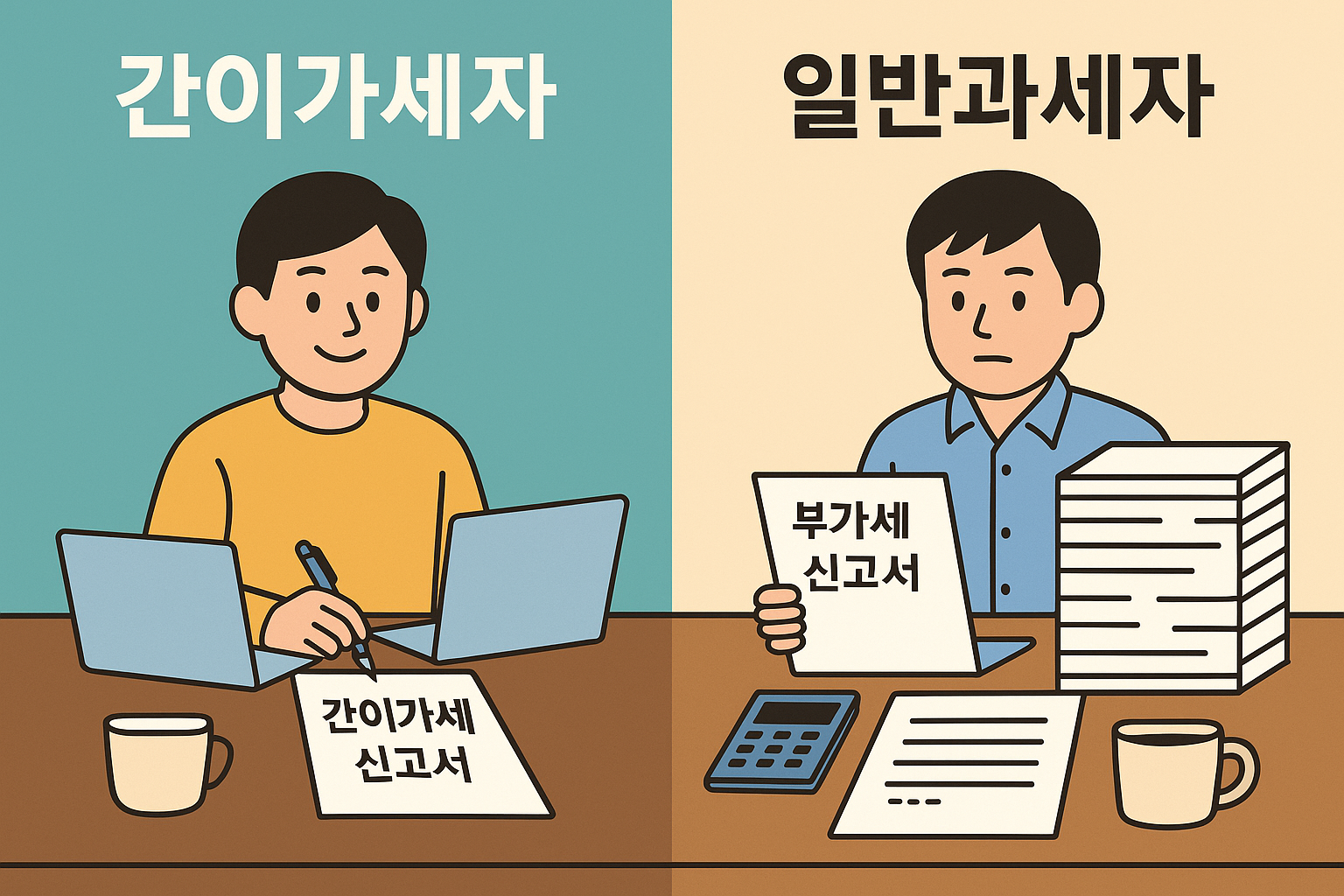 간이과세자와 일반과세자의 부가세 신고 차이를 비교하는 인포그래픽 – 간단한 서류와 복잡한 서류가 나란히 놓인 장면