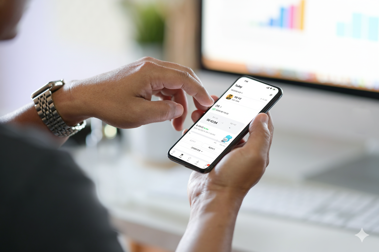 외근 중 스마트폰으로 다우오피스 모바일 그룹웨어를 사용해 업무를 처리하는 모습