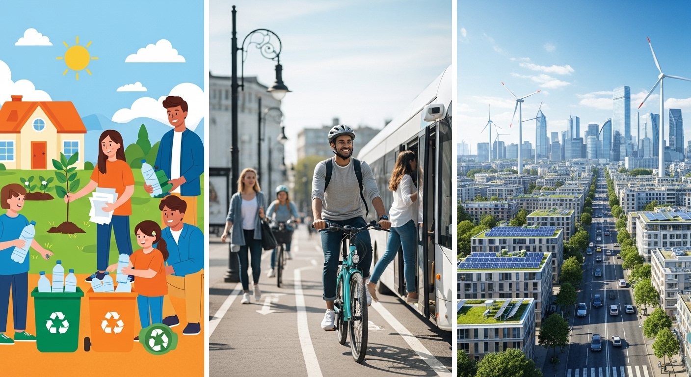 가정에서 재활용, 나무 심기, 대중교통 이용, 그리고 스마트 도시의 재생에너지 설비 등 다양한 탄소중립 실천 방법을 보여주는 이미지. 개인과 공동체의 노력을 상징.