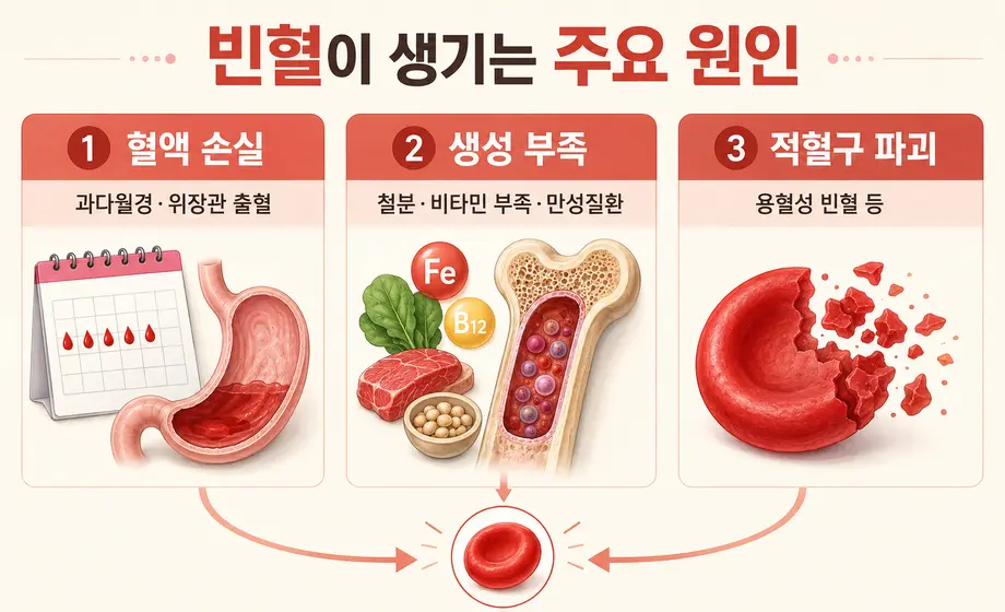혈액 손실과 적혈구 생성 부족, 적혈구 파괴로 구분한 빈혈의 주요 원인