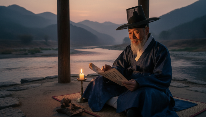 강변의 흙집(토정)에서 책을 읽으며 백성을 생각하는 이지함 선생의 모습