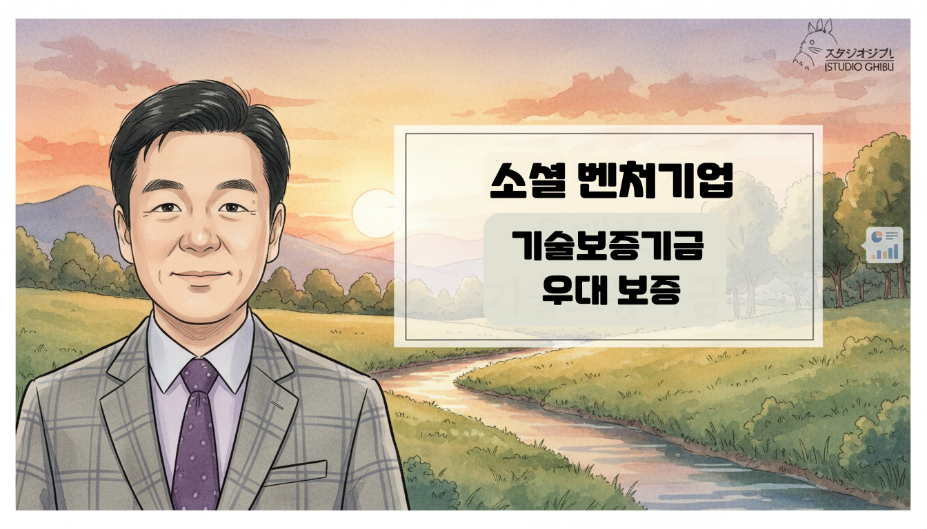 푸르다허브 이두규대표- 아바타 일러스트가 기술신용보증기금의 소셜 벤처기업 기술우대 보증에 대하여 설명하는 모습