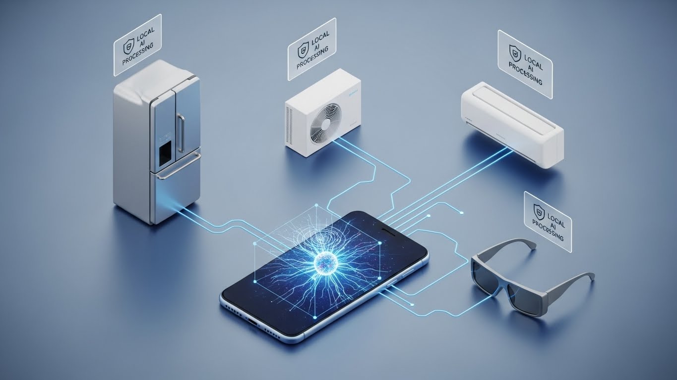 온디바이스 AI 기술을 통해 스마트폰과 가전제품이 유기적으로 연결되는 모습을 표현한 3D 일러스트