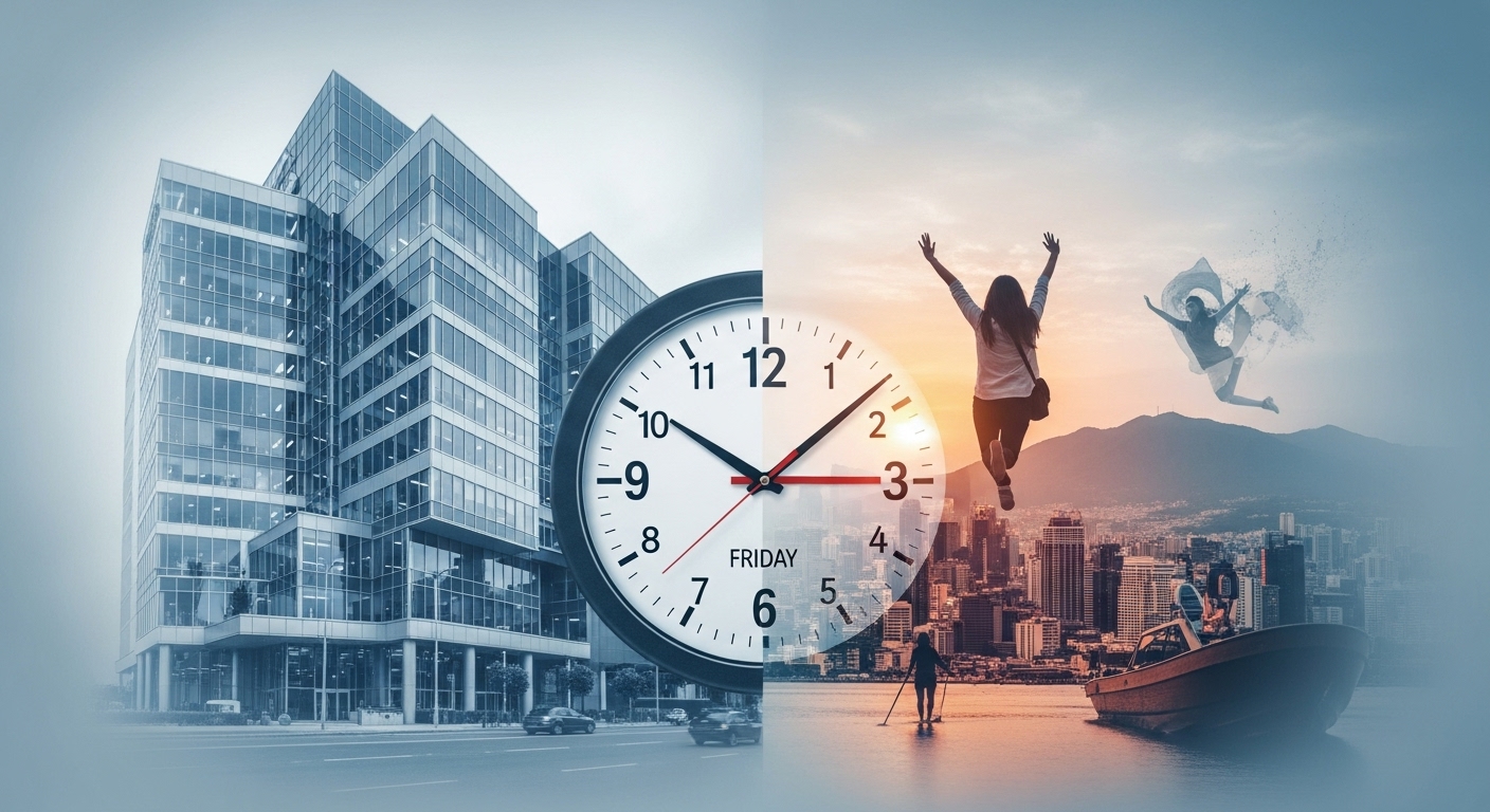 금융권 워라밸 개선을 상징하는 이미지. 빌딩 숲과 개인의 여가 활동이 조화롭게 어우러져 있고, 금요일 조기퇴근을 알리는 시계가 보입니다.
🚀 금융권 '불금'의 시작: 금요일 1시간 조기퇴근제 합의!