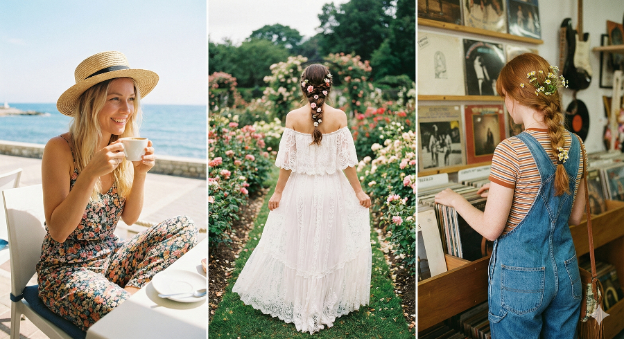 감성적인 여성 라이프스타일 사진 3장 콜라주: 바다 전망 카페, 꽃 장식 땋은 머리의 정원 뒷모습, 빈티지 레코드 가게 스냅