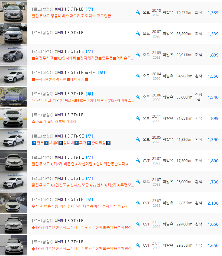 XM3 1.6 가솔린 등급 중고차 시세 : 899만원 ~ 2,290만원