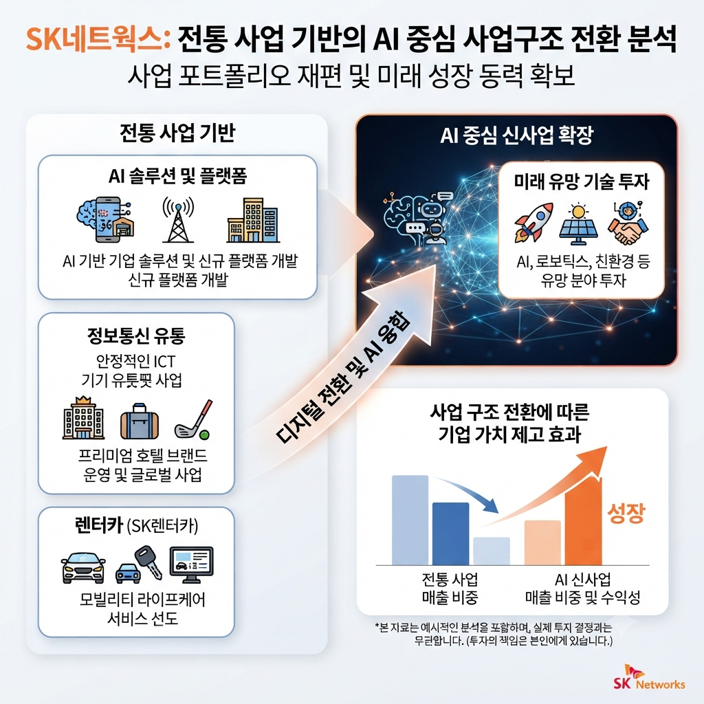 SK네트웍스의 AI 사업 전환과 실적 개선을 보여주는 기업 분석 이미지