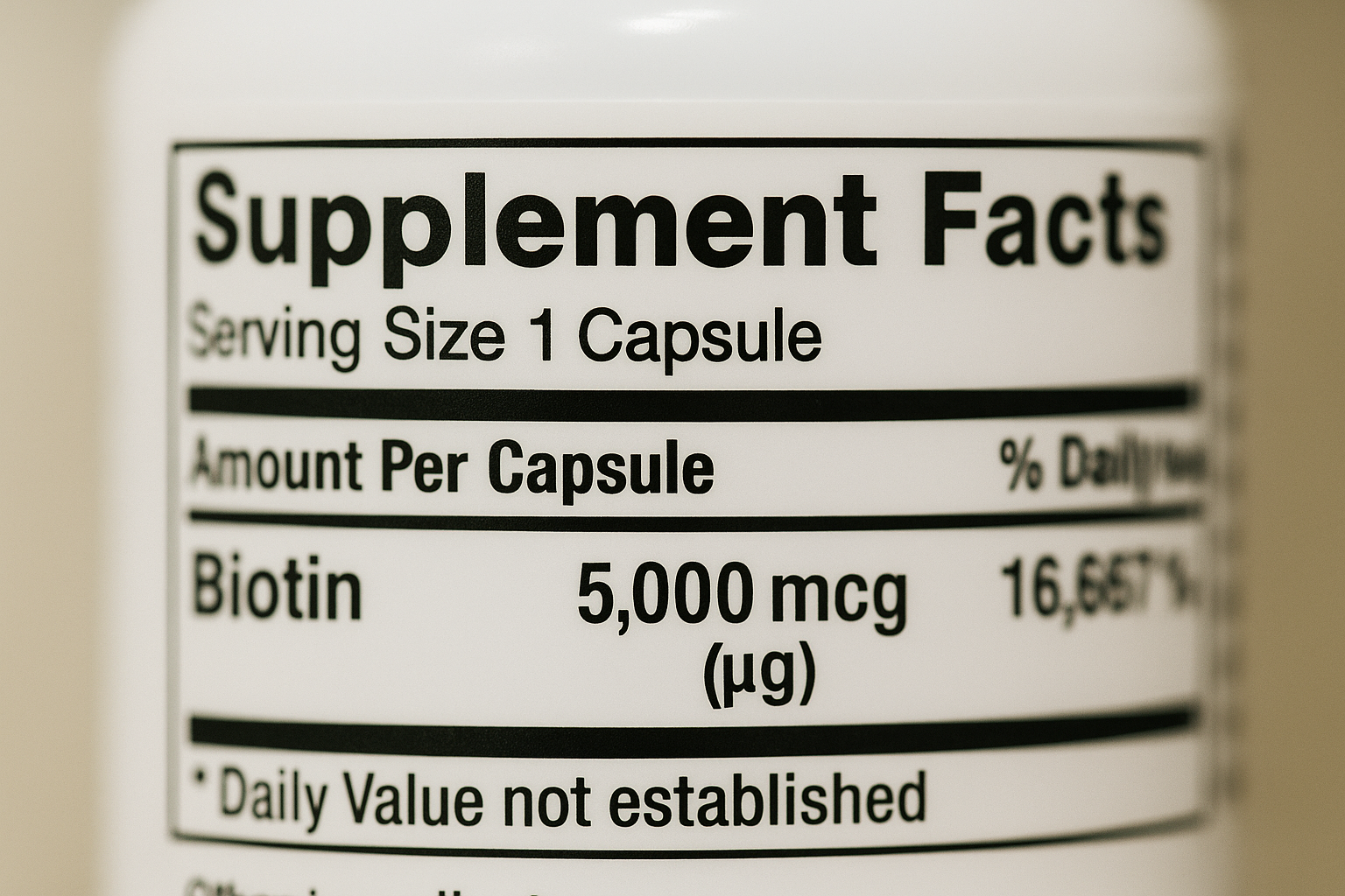 비오틴 5,000마이크로그램(&micro;g) 표기를 확인할 수 있는 보충제 라벨 클로즈업 사진