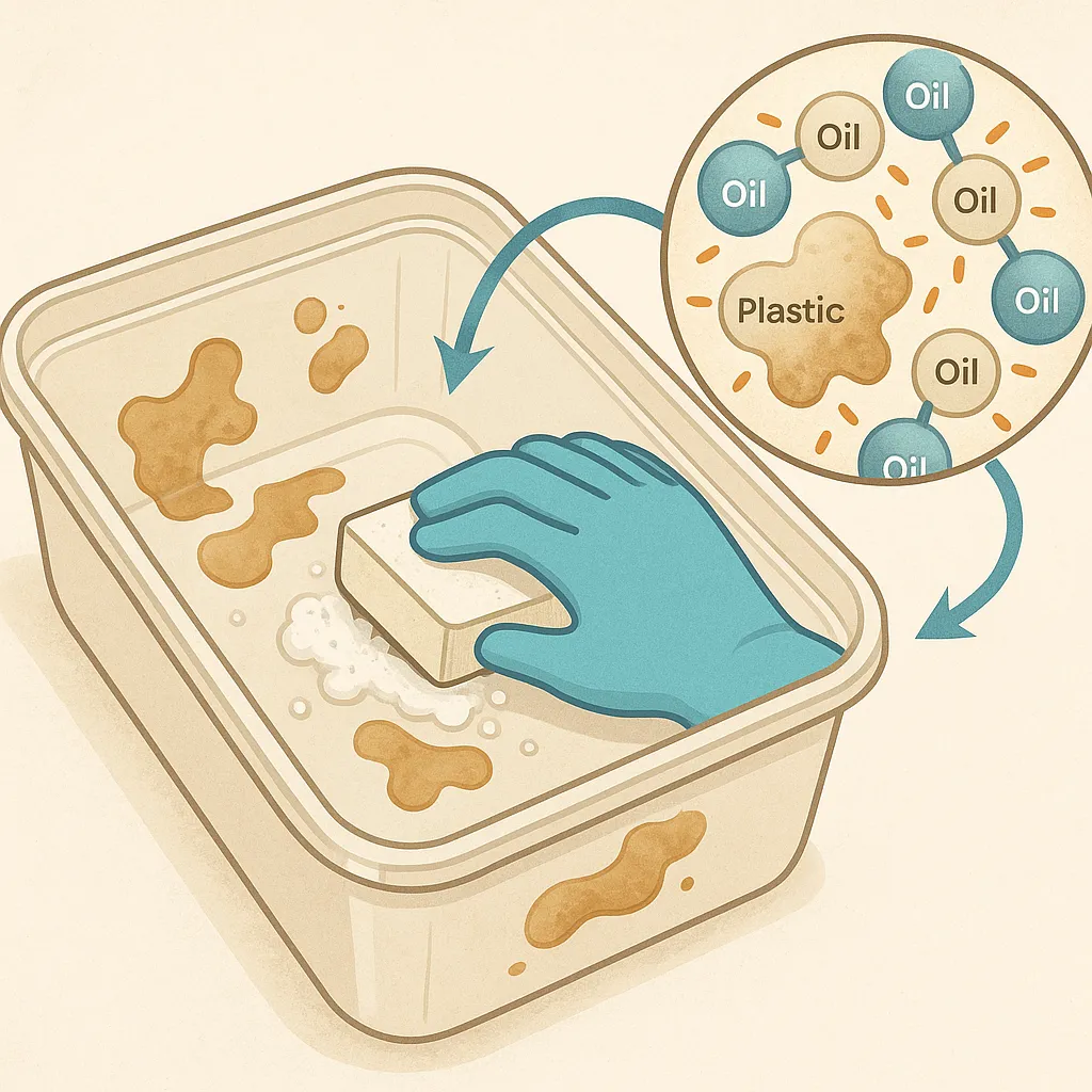 플라스틱-용기-표면에-남은-기름-얼룩이-화학적으로-플라스틱과-결합해-세제로도-잘-지워지지-않는-모습을-설명하는-과학-일러스트