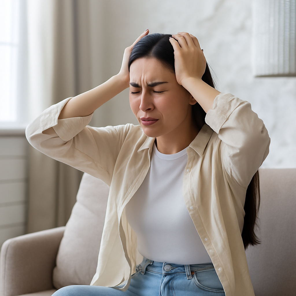밝은 거실의 소파에 앉아 두 손으로 머리를 감싸며 피로와 스트레스를 느끼는 20대 한국 여성의 실사 사진. 자연광이 창문으로 들어와 부드럽게 비추고 있으며, 신체적 긴장과 정신적 피로를 표현한 장면