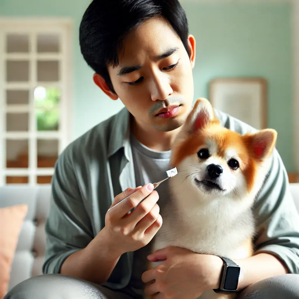 소파에 앉아 반려견의 입을 살짝 벌려 치아와 잇몸 상태를 확인하는 동양인 젊은 남성
